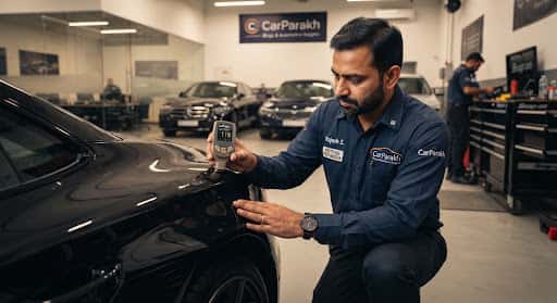 Inspector checking the paint depth of a car with a digital gauge