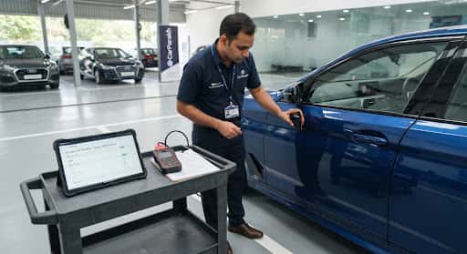Inspector measuring paint depth on a new car's door with a digital gauge